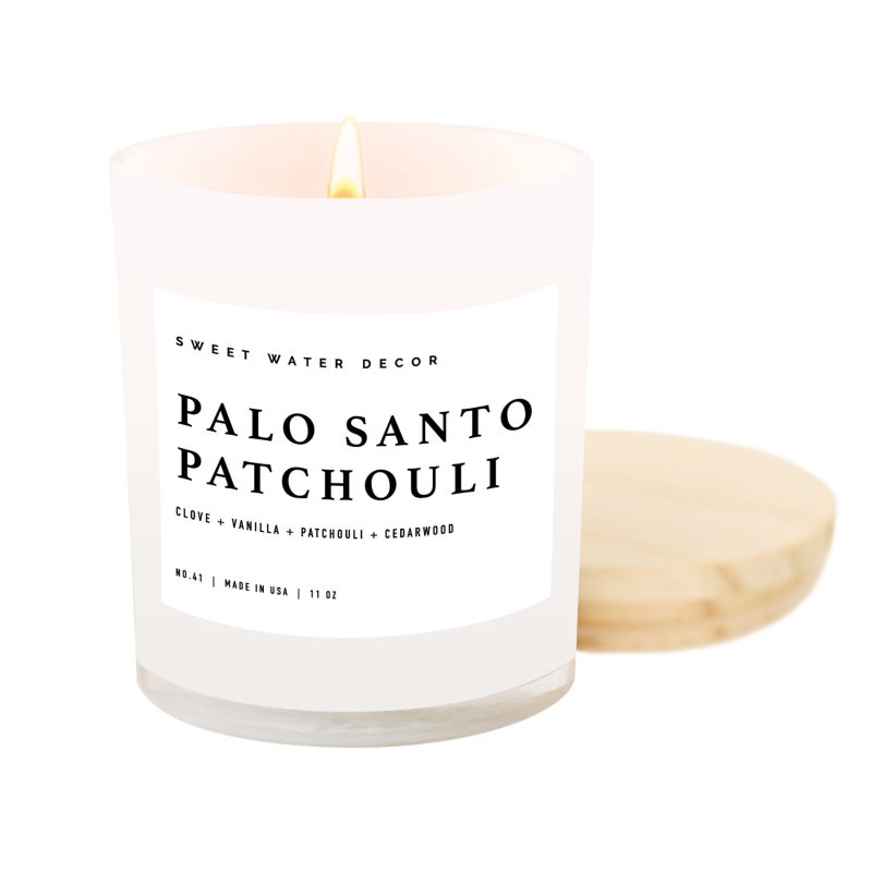 C041WW PALO SANTO PATCHOULI WHITE JAR SOY BLEND CANDLE SWEET WATER DECOR 01