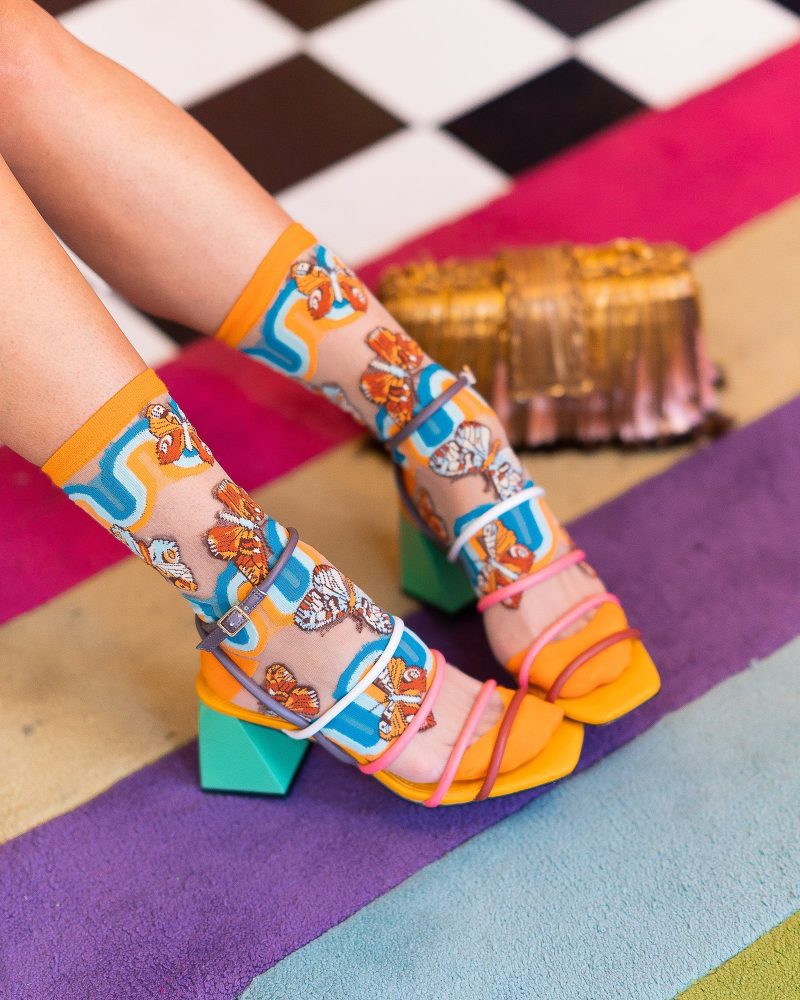 SockCandy70sRainbowButterflySheerCrewSockrainbowsocksandheels