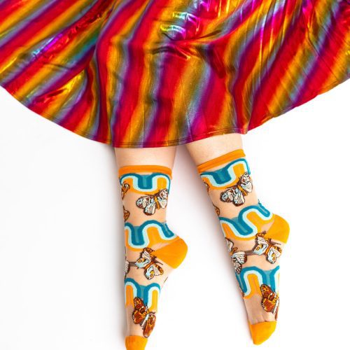 SockCandy70sRainbowButterflySheerCrewSockstatementsocksforwomen