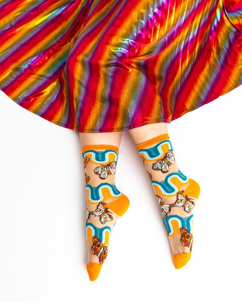 SockCandy70sRainbowButterflySheerCrewSockstatementsocksforwomen