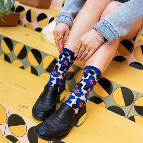 SockCandyBoldBluefloralsheersockbluefloralsocksandloafersmarimekko