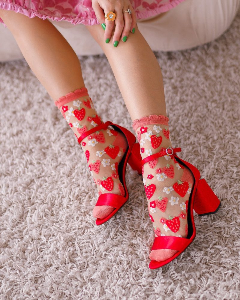 SockCandyStrawberryDaisyRuffleSheerSockwithsandalsstrawberrysocksforwomen