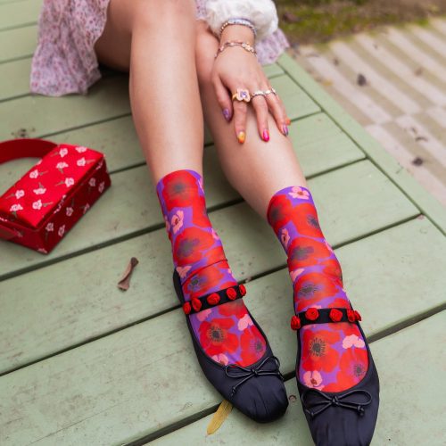 SockCandyWatercolorPoppyAnkleSockpoppyfloralprintsocksandballetflats