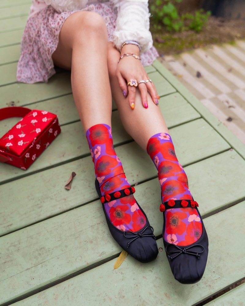 SockCandyWatercolorPoppyAnkleSockpoppyfloralprintsocksandballetflats