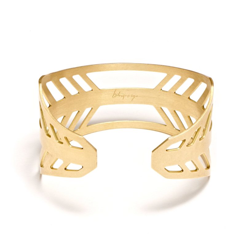 back view of bridge of the gods cuff bracelet in brass by portland jewelry designer betsy iya