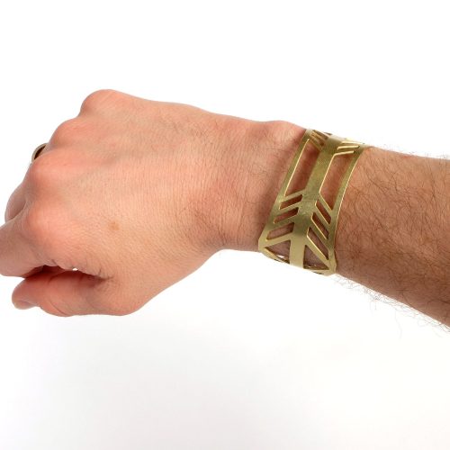 bridge of the gods cuff bracelet mans arm in brass by portland jewelry designer betsy iya