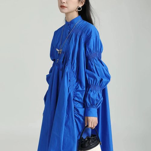 marigold shadows dresses hotaru long sleeve pleated shirt dress blue 31657011511362