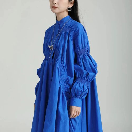 marigold shadows dresses hotaru long sleeve pleated shirt dress blue 31657011675202