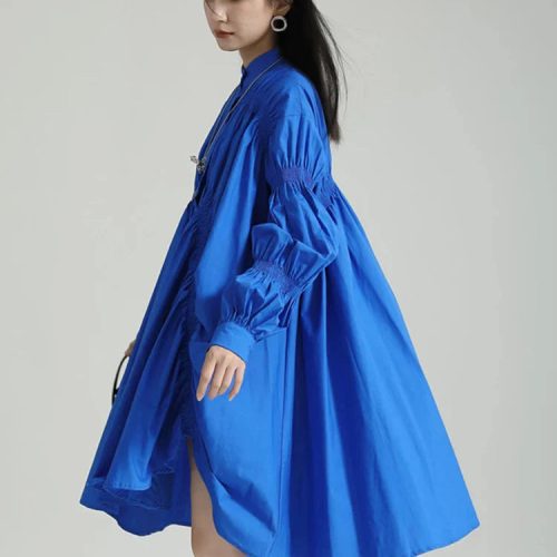 marigold shadows dresses hotaru long sleeve pleated shirt dress blue 31657011740738