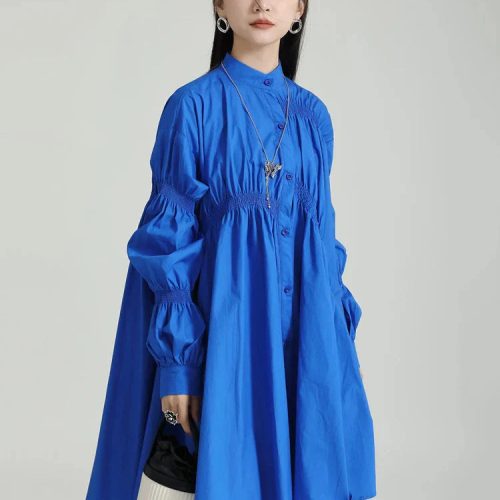 marigold shadows dresses hotaru long sleeve pleated shirt dress blue 31657011773506