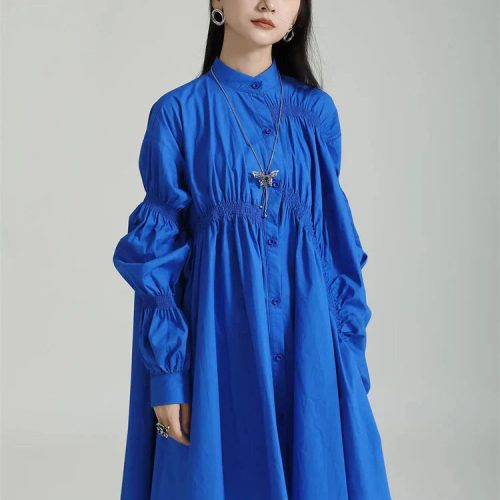 marigold shadows dresses hotaru long sleeve pleated shirt dress blue 31657011806274