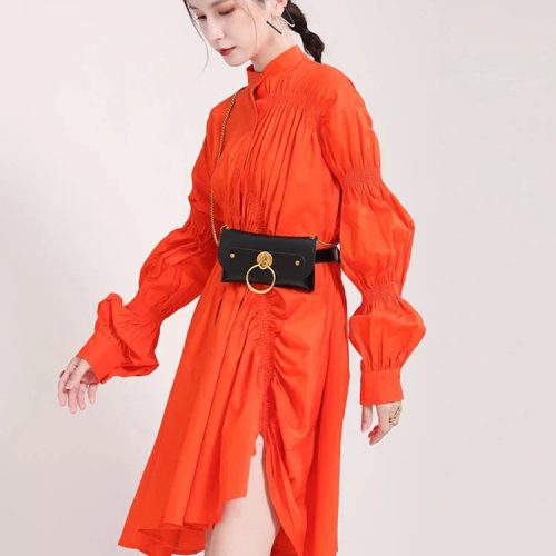 marigold shadows dresses hotaru long sleeve pleated shirt dress orange 31657035006018