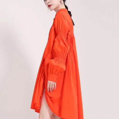 marigold shadows dresses hotaru long sleeve pleated shirt dress orange 31657035137090