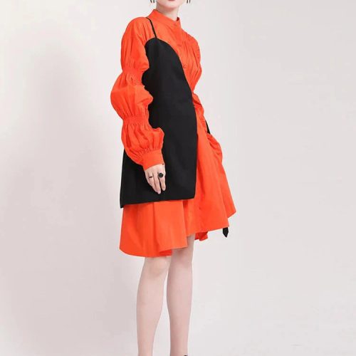 marigold shadows dresses hotaru long sleeve pleated shirt dress orange 31657035169858