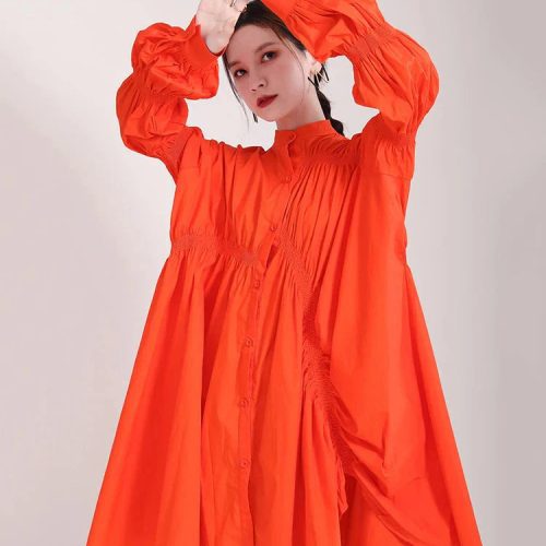 marigold shadows dresses hotaru long sleeve pleated shirt dress orange 31657035202626