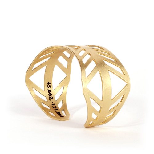 side view of bridge of the gods cuff bracelet in brass by portland jewelry designer betsy iya